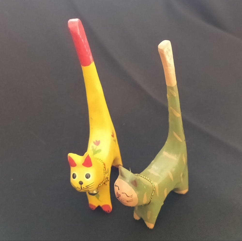 Two Handcrafted Wood Mini Cat Figurines - Green and Yellow - Picture 7 of 17